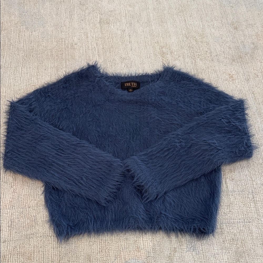 Truth Light Blue Fuzzy Crew Neck Cropped Sweater